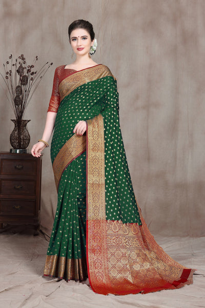 Indyancart GR Women's Dhruvi Green Cotton Silk Banarasi Booti Saree
