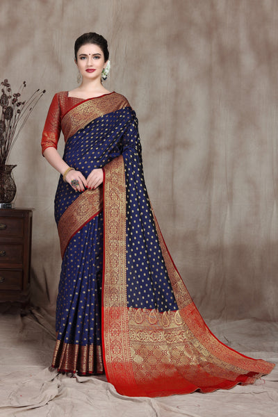 Indyancart GR Women's Dhruvi Navy Cotton Silk Banarasi Booti Saree