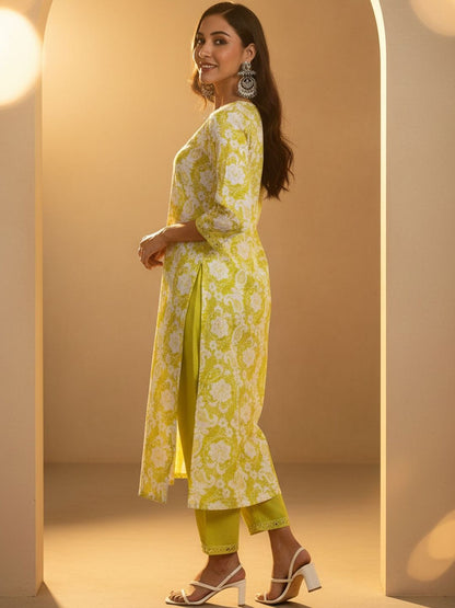 Floral Printed Round Neck Thread Work Pure Cotton Straight Kurta With Trouser