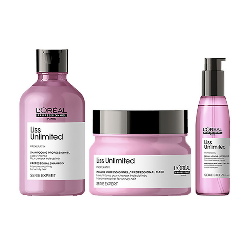 L'Oreal Professionnel Liss Unlimited hair mask, shampoo, and serum from Serie Expert, shown in a hair care set.