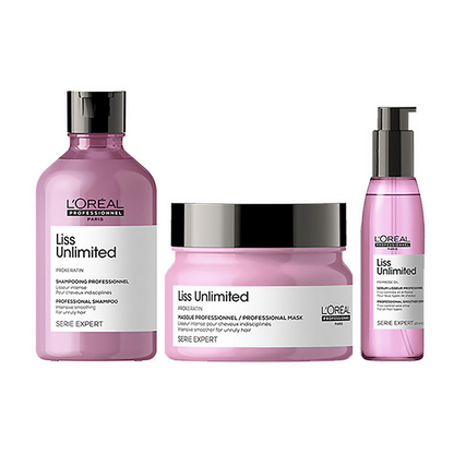 L'Oreal Professionnel Liss Unlimited hair mask, shampoo, and serum from Serie Expert, shown in a hair care set.