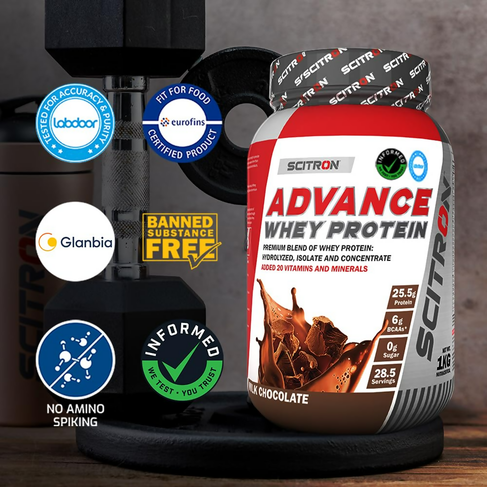 Scitron Advance Whey Protein Health Drink in Milk Chocolate flavor, showing a close-up of the protein powder container with chocolate powder.