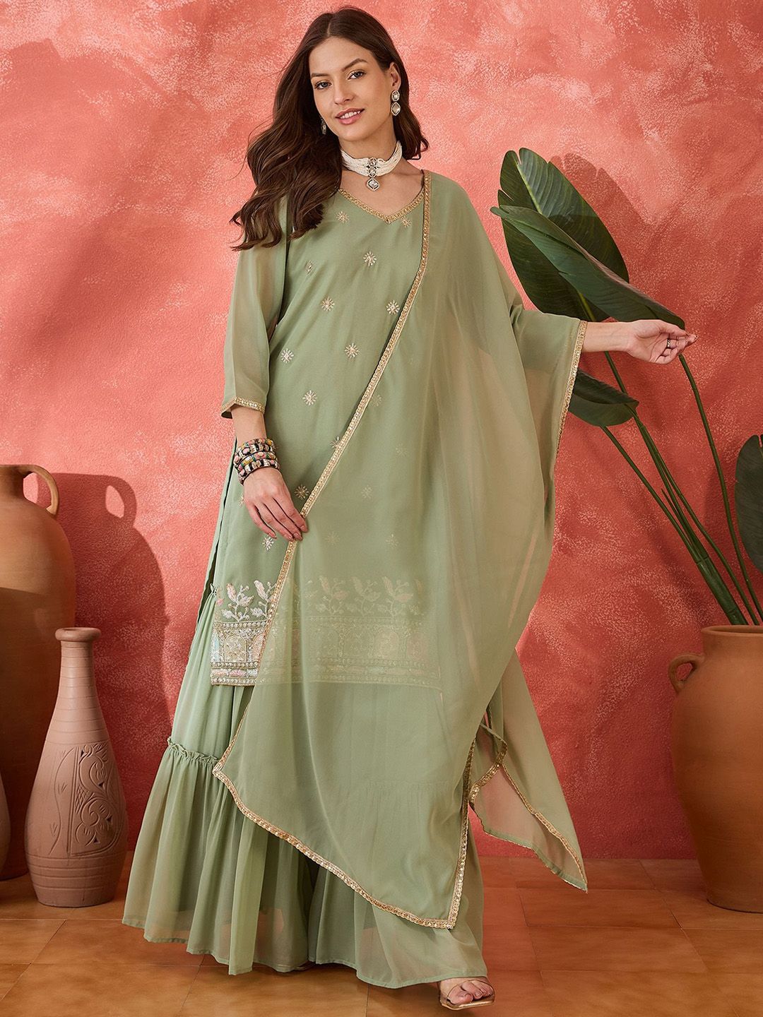 Indyancart SN Women's Ethnic Motifs Embroidered V-Neck Kurta & Sharara With Dupatta