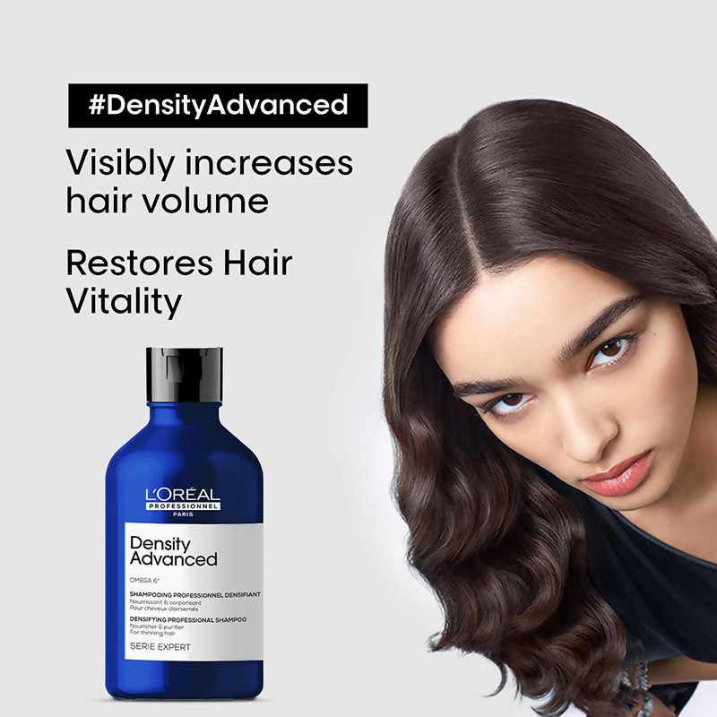 L'Oreal Paris Anti-Hair Loss Regime with Density Advanced Shampoo and Aminexil Advanced hair serums, bottles shown.