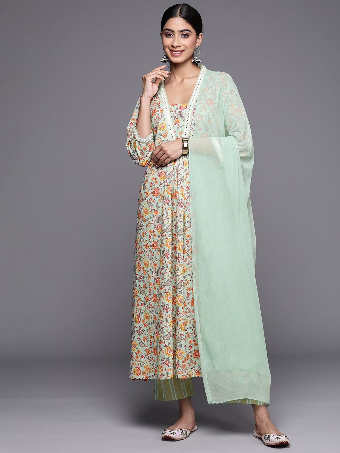 Indyancart VA Women's Floral Printed Mirror Work Kurta with Trousers & With Dupatta Kurta Sets