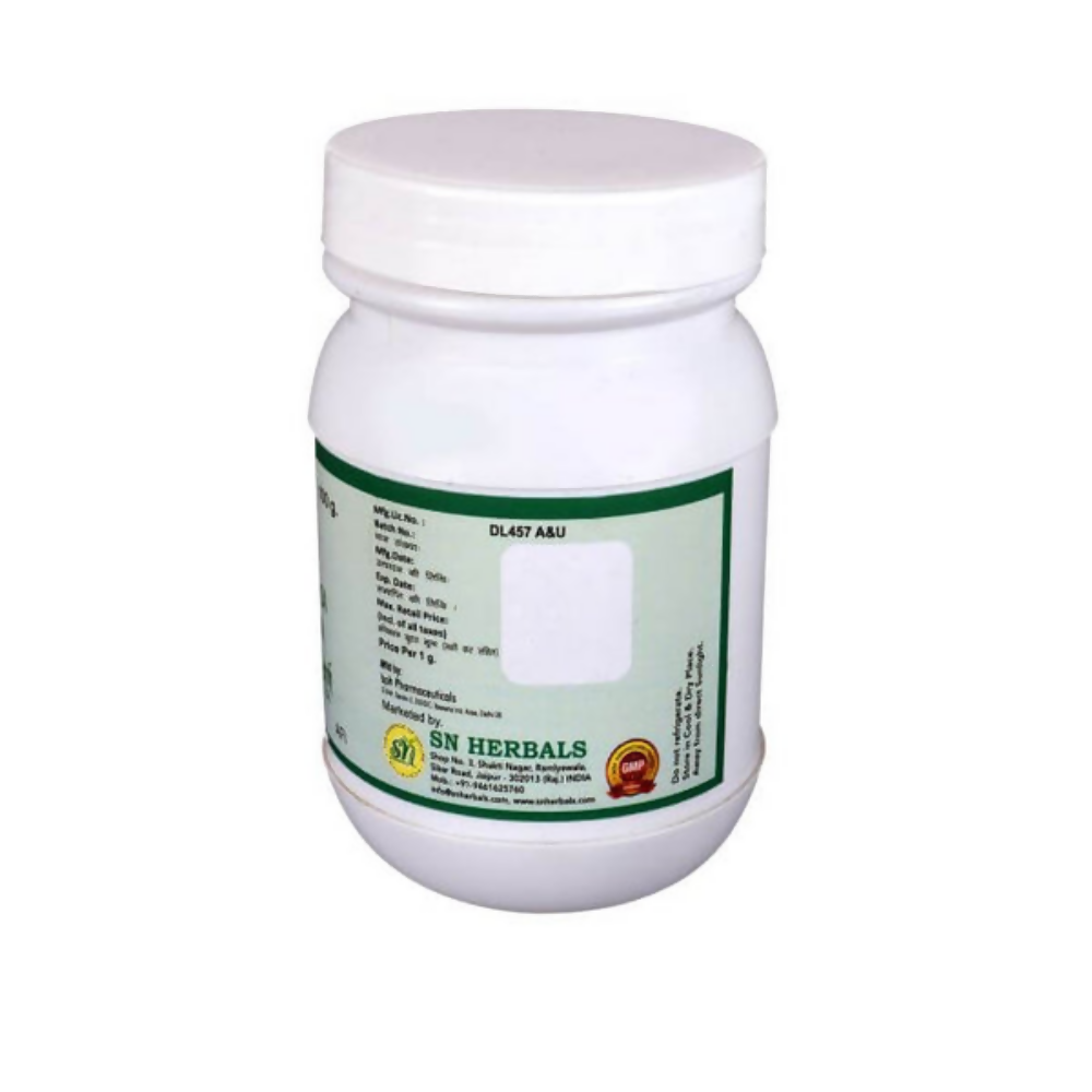 SN Herbals Varunadi Kwath Churna Ayurvedic powder in a glass jar with a scoop, showcasing herbal blend for wellness.