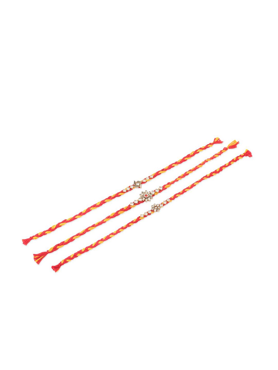 Anouk Men Set Of 3 Red & Yellow Kundan Studded Floral Design Thread Rakhi With Roli Chawal