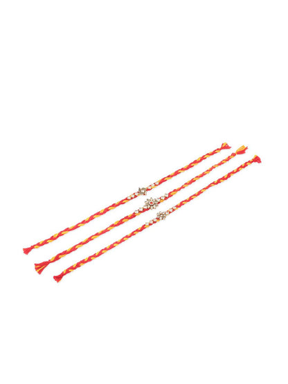 Anouk Men Set Of 3 Red & Yellow Kundan Studded Floral Design Thread Rakhi With Roli Chawal