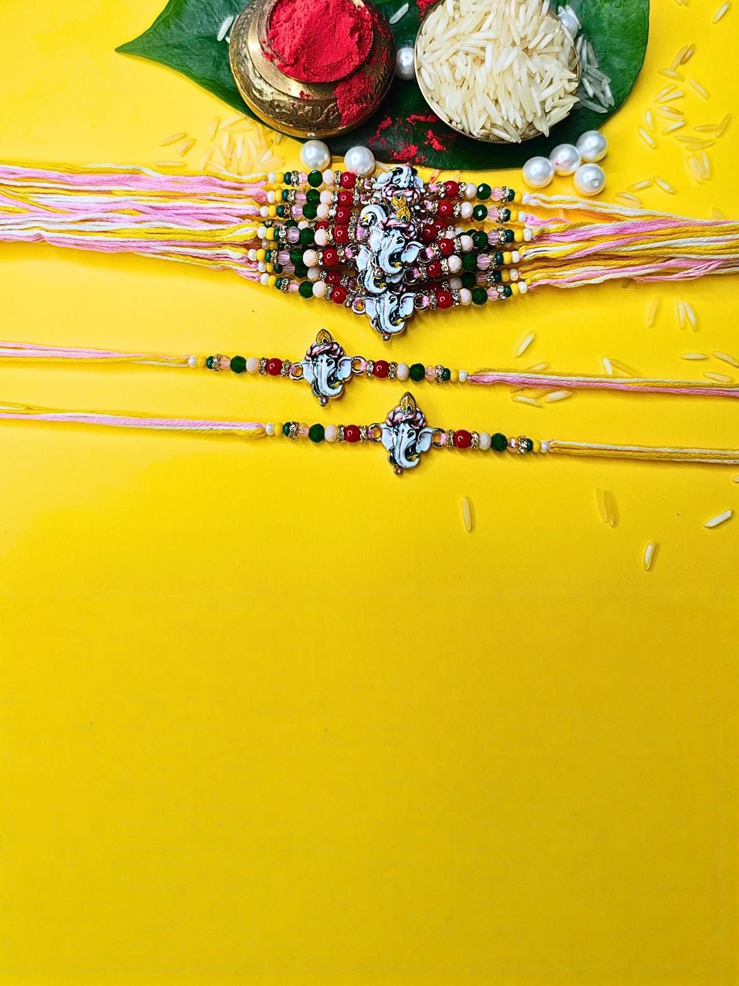 Anouk Set Of 12 Beaded Cotton Thread with AD Stones & Meenakari Designer Rakhi for Brother