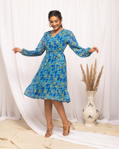 Women's Sky Blue Georgette Floral Printed  Dress