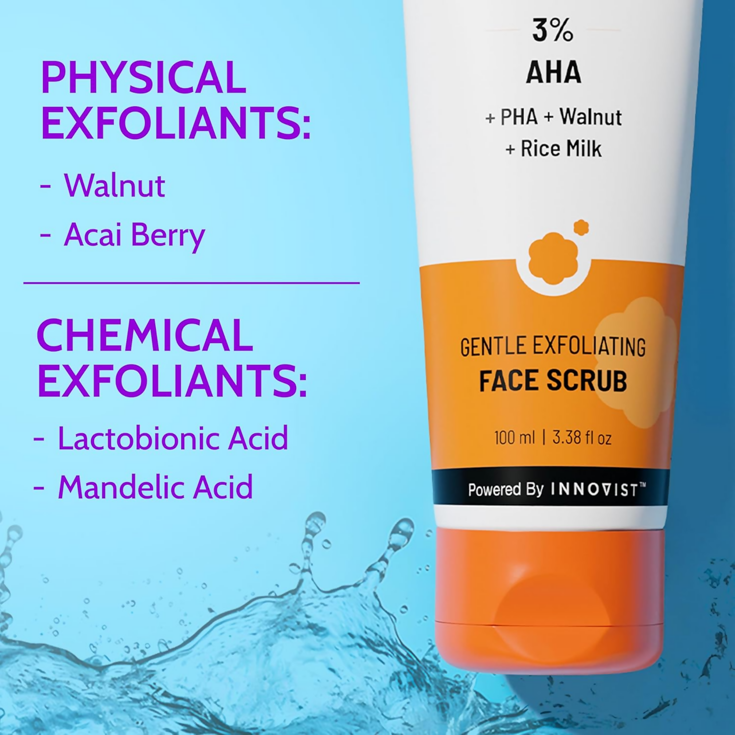 Chemist At Play gentle exfoliating face scrub with mandelic acid and walnuts, showing the product tube and natural ingredients.