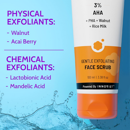 Chemist At Play gentle exfoliating face scrub with mandelic acid and walnuts, showing the product tube and natural ingredients.
