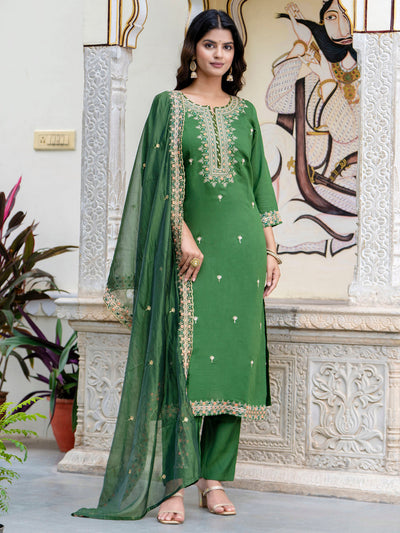 Indyancart VV Women's Embroidered Silk Blend Calf Length Straight Kurta Trouser with Dupatta Set