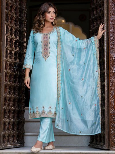 Indyancart VV Women's Embroidered Silk Blend Calf Length Straight Kurta Trouser with Dupatta Set