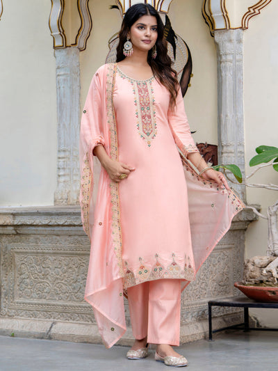 Indyancart VV Women's Embroidered Silk Blend Calf Length Straight Kurta Trouser with Dupatta Set