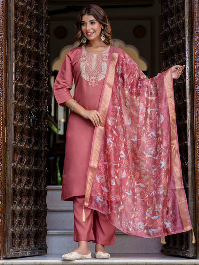 Indyancart VV Women's Embroidered Silk Blend Calf Length Straight Kurta Trouser with Dupatta Set