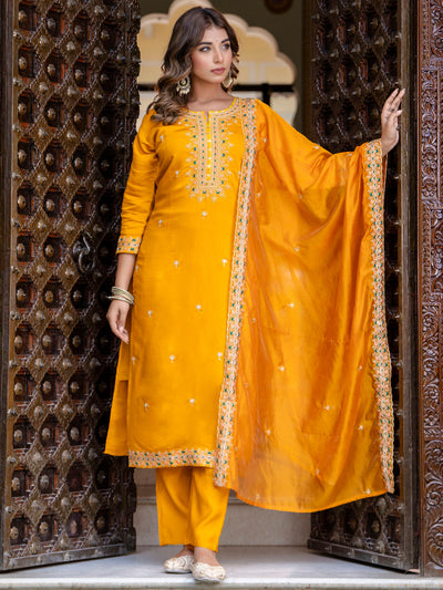 Indyancart VV Women's Embroidered Silk Blend Calf Length Straight Kurta Trouser with Dupatta Set
