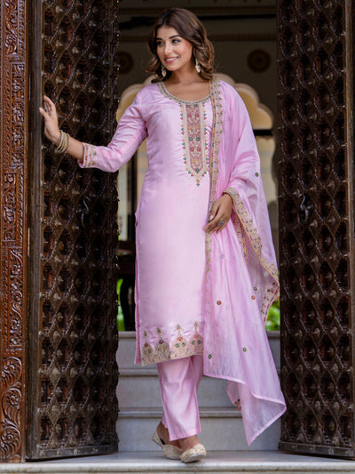 Indyancart VV Women's Embroidered Silk Blend Calf Length Straight Kurta Trouser with Dupatta Set