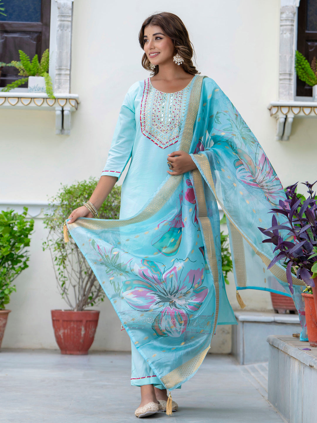 Dhiyona VV Women's Embroidered Silk Blend Calf Length Straight Kurta Trouser with Dupatta Set