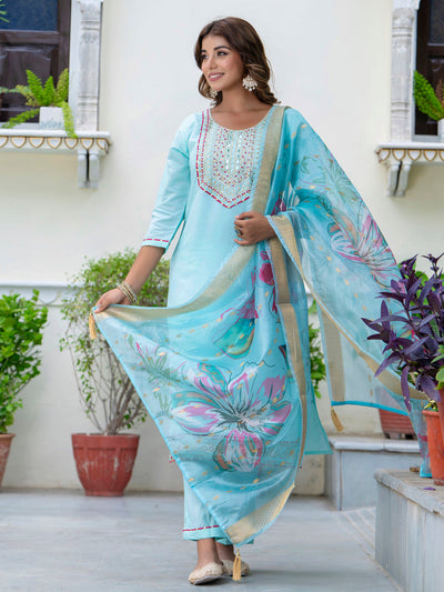 Indyancart VV Women's Embroidered Silk Blend Calf Length Straight Kurta Trouser with Dupatta Set
