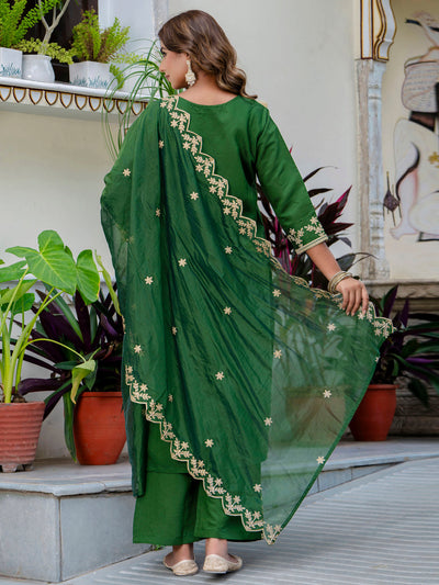 Indyancart VV Women's Embroidered Silk Blend Calf Length Straight Kurta with Palazzo & Dupatta Set