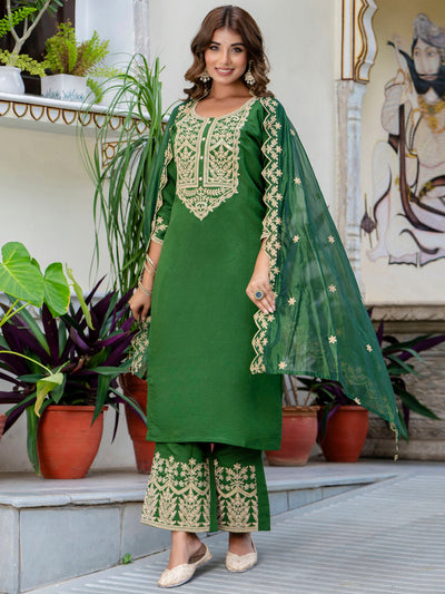 Indyancart VV Women's Embroidered Silk Blend Calf Length Straight Kurta with Palazzo & Dupatta Set