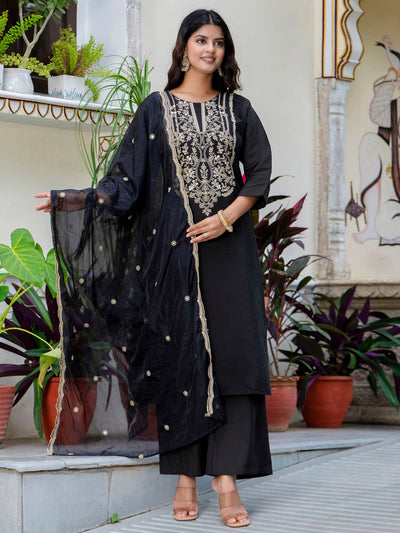 Indyancart VV Women's Embroidered Silk Blend Calf Length Straight Kurta with Palazzo & Dupatta Set