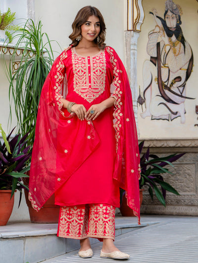 Indyancart VV Women's Embroidered Silk Blend Calf Length Straight Kurta with Palazzo & Dupatta Set