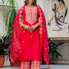 Dhiyona VV Women's Embroidered Silk Blend Calf Length Straight Kurta with Palazzo & Dupatta Set