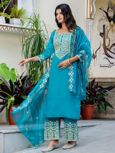Indyancart VV Women's Embroidered Silk Blend Calf Length Straight Kurta with Palazzo & Dupatta Set