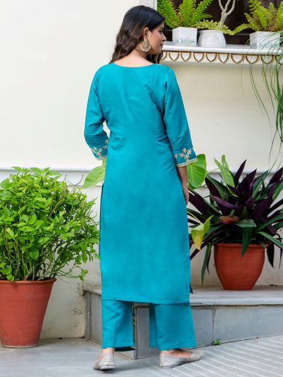 Indyancart VV Women's Embroidered Silk Blend Calf Length Straight Kurta with Palazzo & Dupatta Set