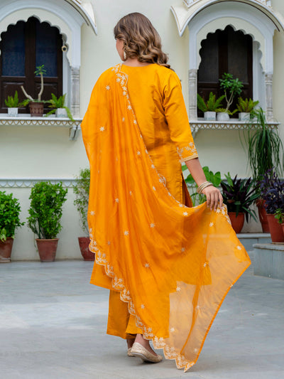 Indyancart VV Women's Embroidered Silk Blend Calf Length Straight Kurta with Palazzo & Dupatta Set