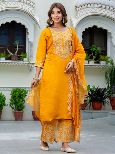 Indyancart VV Women's Embroidered Silk Blend Calf Length Straight Kurta with Palazzo & Dupatta Set