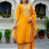 Dhiyona VV Women's Embroidered Silk Blend Calf Length Straight Kurta with Palazzo & Dupatta Set