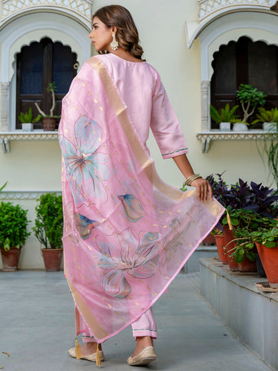 Indyancart VV Women's Embroidered Silk Blend Calf Length Straight Kurta Trouser with Dupatta Set