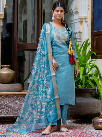 Indyancart VV Women's Embroidered Silk Blend Calf Length Straight Kurta Trouser with Dupatta Set