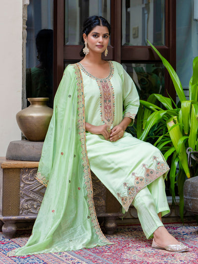 Indyancart VV Women's Embroidered Silk Blend Calf Length Straight Kurta Trouser with Dupatta Set