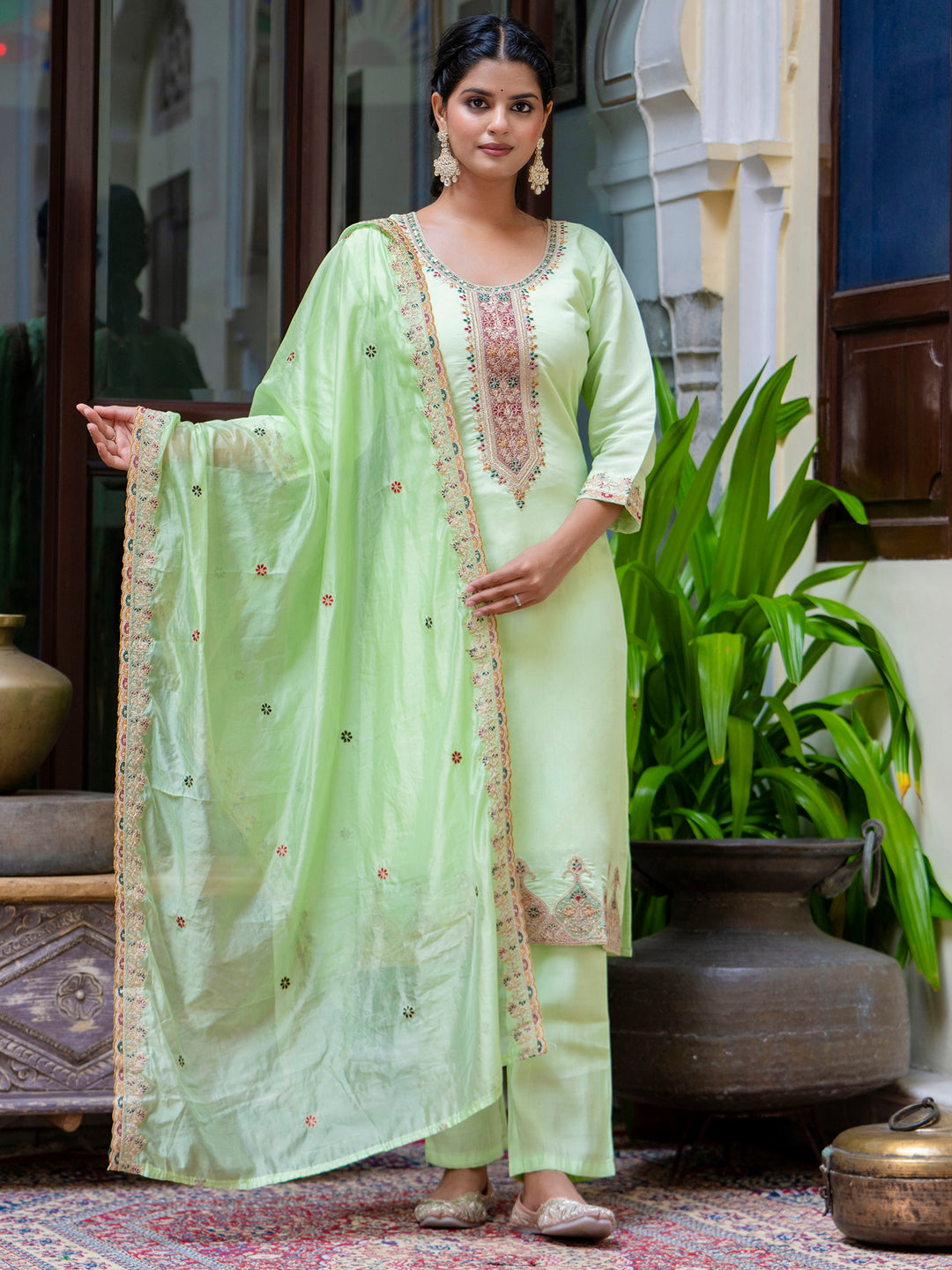 Dhiyona VV Women's Embroidered Silk Blend Calf Length Straight Kurta Trouser with Dupatta Set