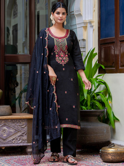 Indyancart VV Women's Embroidered Silk Blend Calf Length Straight Kurta Trouser with Dupatta Set