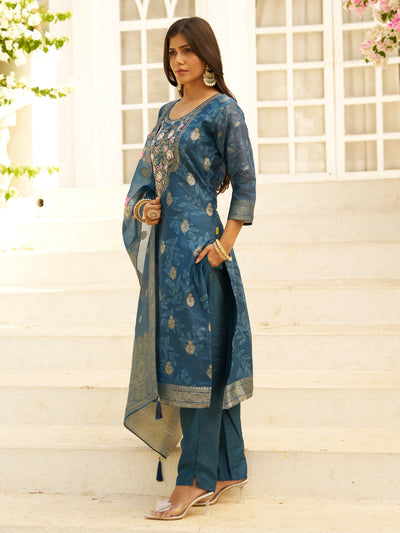 Indyancart VV Teal Silk Blend Embroidered Straight Kurta Set with Trousers & Dupatta