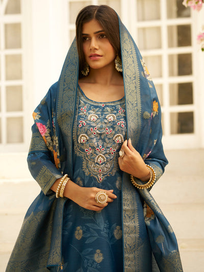 Indyancart VV Teal Silk Blend Embroidered Straight Kurta Set with Trousers & Dupatta