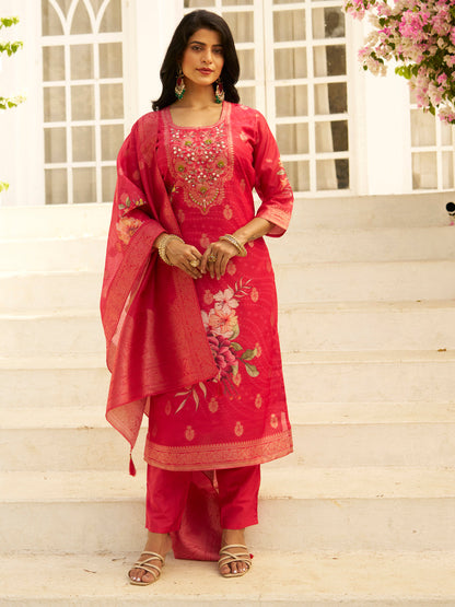 Dhiyona VV Pink Silk Blend Embroidered Straight Kurta Set with Trousers & Dupatta