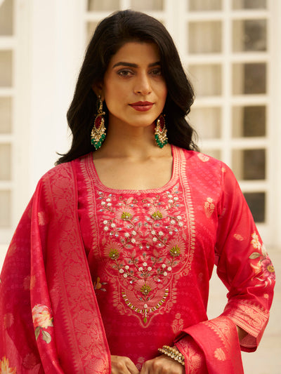 Indyancart VV Pink Silk Blend Embroidered Straight Kurta Set with Trousers & Dupatta