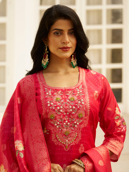 Dhiyona VV Pink Silk Blend Embroidered Straight Kurta Set with Trousers & Dupatta