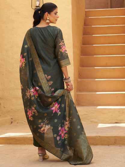 Dhiyona VV Green Silk Blend Embroidered Straight Kurta Set with Trousers & Dupatta