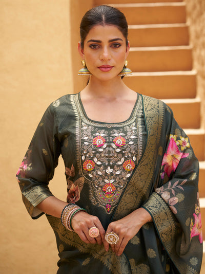 Indyancart VV Green Silk Blend Embroidered Straight Kurta Set with Trousers & Dupatta