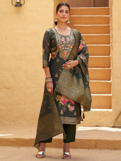Indyancart VV Green Silk Blend Embroidered Straight Kurta Set with Trousers & Dupatta