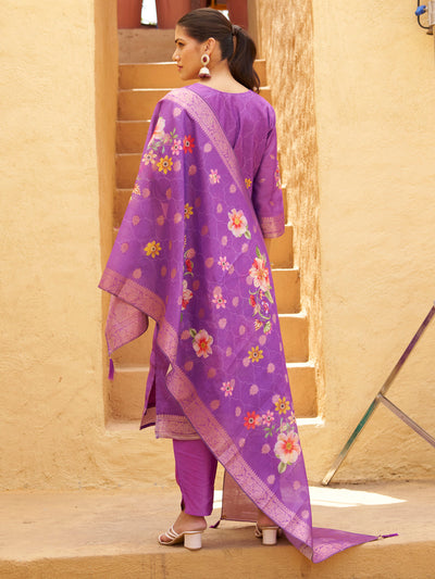 Indyancart VV Purple Silk Blend Embroidered Straight Kurta Set with Trousers & Dupatta