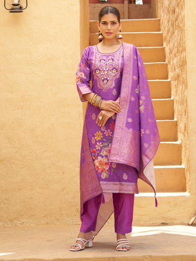 Indyancart VV Purple Silk Blend Embroidered Straight Kurta Set with Trousers & Dupatta