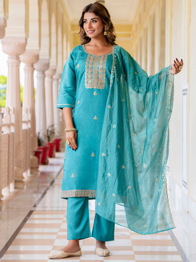 Indyancart VV Women's Embroidered Silk Blend Calf Length Straight Kurta with Palazzo & Dupatta Set